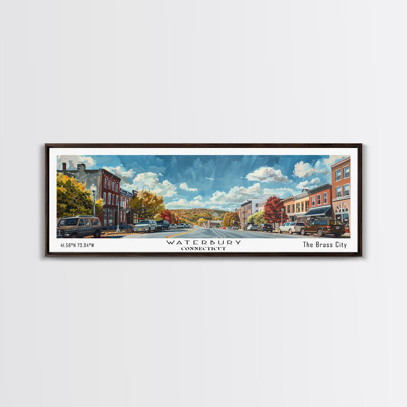 Waterbury Connecticut Panoramic Painting, Framed Canvas Print, Artistic Travel Poster, Retro Wall Art, Unique Office Decor, Living Room Gift