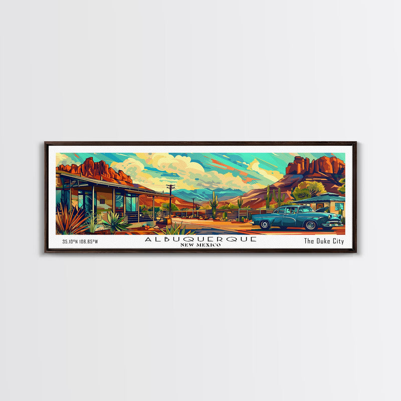 Albuquerque New Mexico Panoramic Painting Framed Canvas Print, Mid Century Modern Art, Pop Art Style, Travel Poster, Wall Art Decor