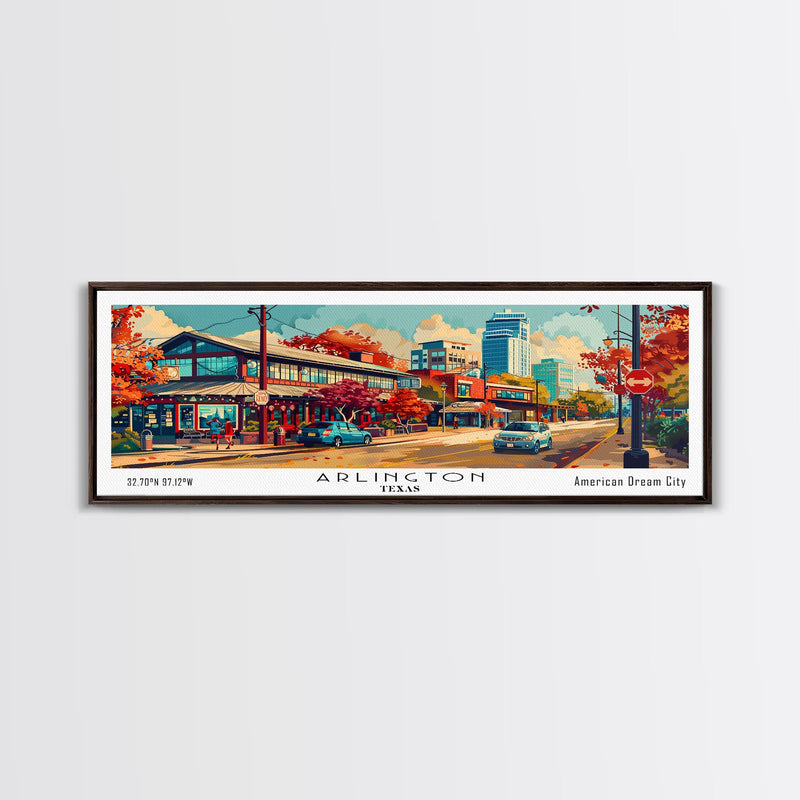 Arlington Texas Panoramic Painting Framed Canvas Print, Mid Century Modern Art, Pop Art Style, Travel Poster, Living Room Decor