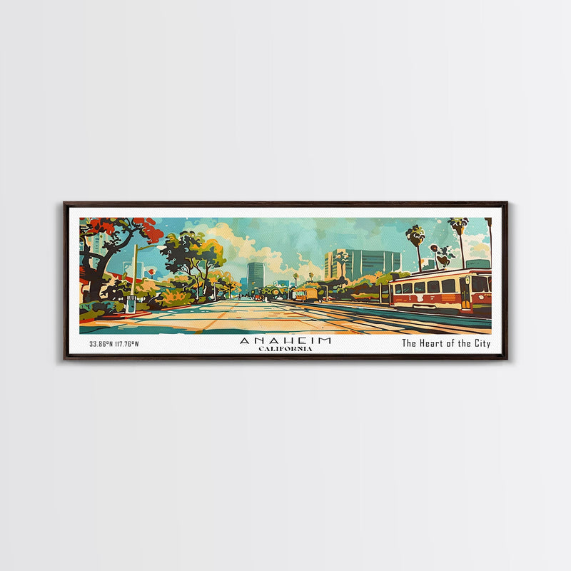 Anaheim California Panoramic Wall Art, Retro Pop Art Framed Canvas Print, Mid Century Modern Travel Poster, Living Room Decor, Wall Hanging