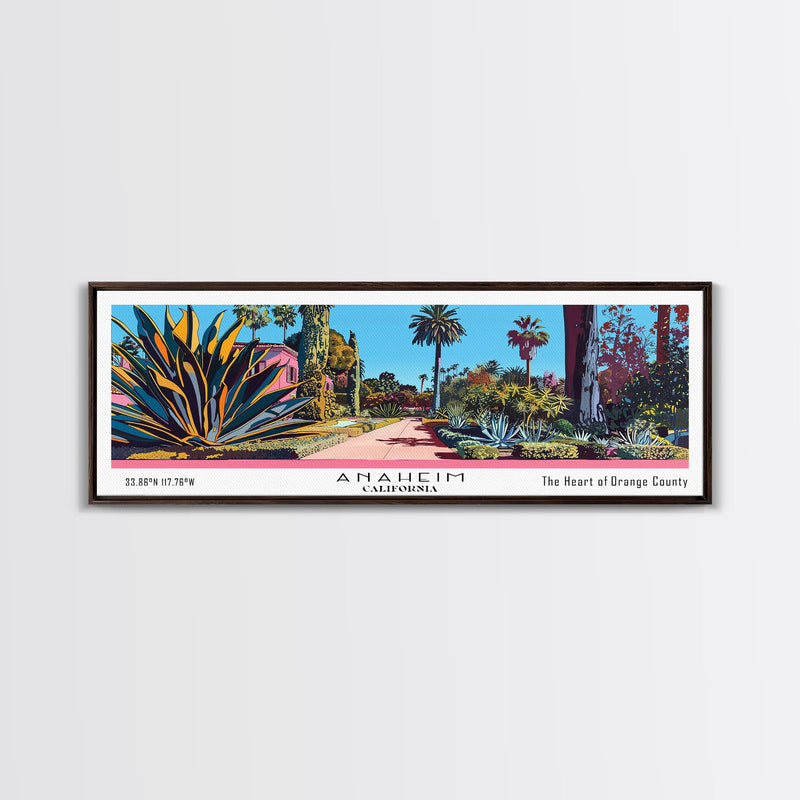 Anaheim California Panoramic Painting, Mid Century Modern Framed Canvas Print, Retro Pop Art Travel Poster, Home Decor, City Art