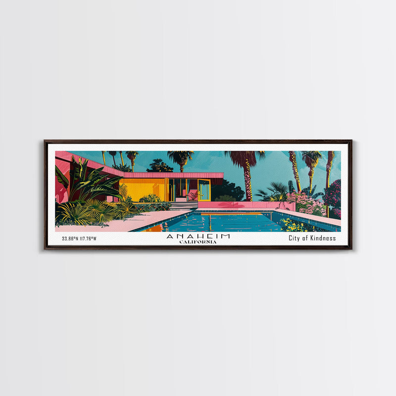 Anaheim California Panoramic Painting, Mid Century Modern Framed Canvas Print, Retro Pop Art Travel Poster, Office Wall Art, City Print