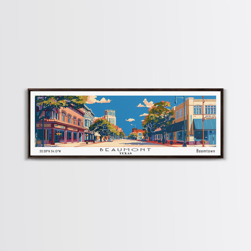 Beaumont Texas Panoramic Painting, Mid Century Modern Framed Canvas Print, Retro Pop Art Travel Poster, Living Room Wall Art, City Print