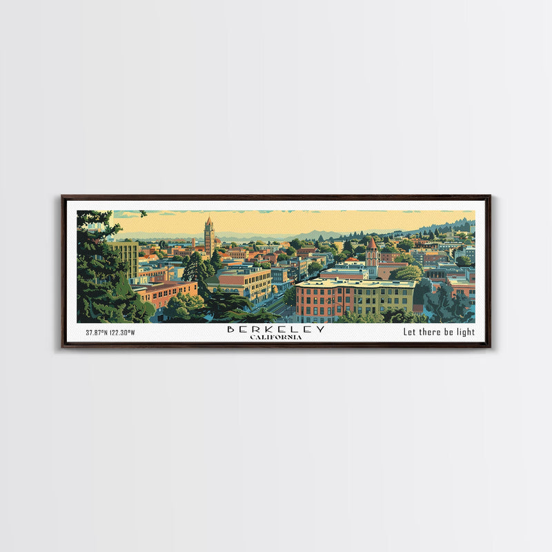 Berkeley California Panoramic Painting, Mid Century Modern Framed Canvas Print, Retro Pop Art Travel Poster, Home Decor, City Print