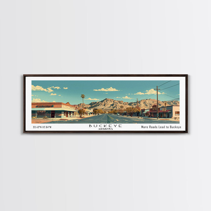 Buckeye Arizona Panoramic Painting, Mid Century Modern Framed Canvas Print, Retro Pop Art Travel Poster, Office Wall Art Decor, City Print