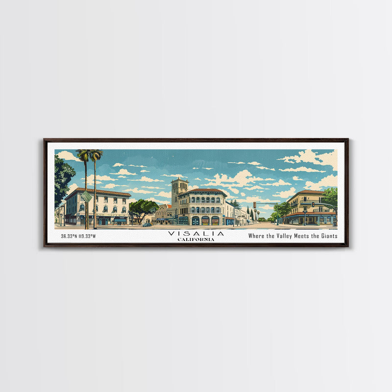 Visalia California Panoramic Art, Mid Century Modern Framed Canvas Print, Retro Pop Art Travel Poster, City Print, Living Room Wall Decor