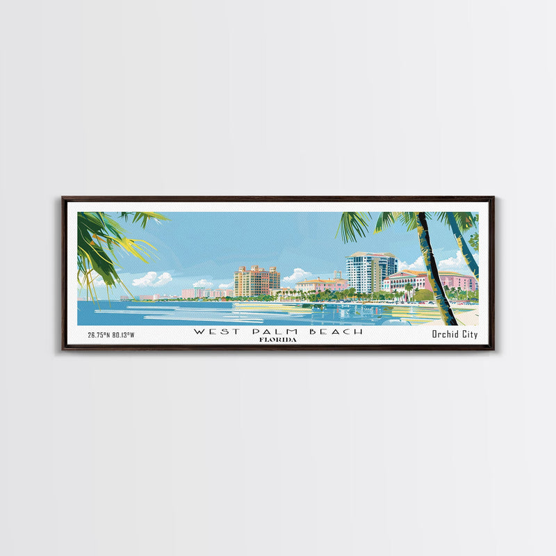 West Palm Beach Florida Panoramic Art, Mid Century Modern Framed Canvas Print, Retro Pop Art Travel Poster, City Print, Living Room Wall Decor