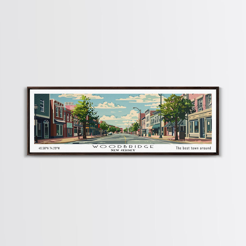 Woodbridge New Jersey Panoramic Painting, Mid Century Modern Framed Canvas Print, Retro Pop Art Travel Poster, Office Wall Art, Home Decoration