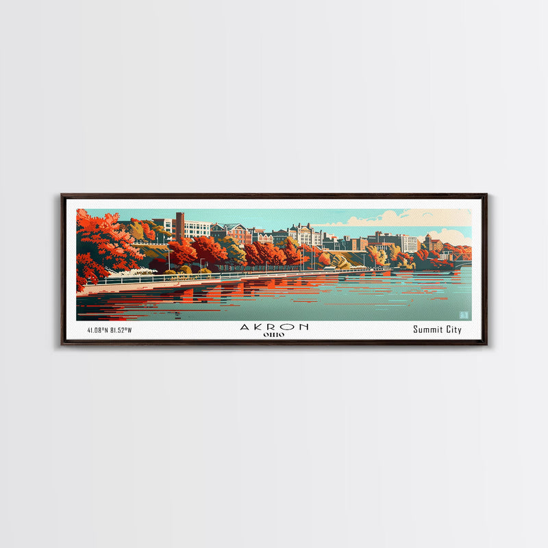 Akron Ohio Panoramic Painting, Framed Canvas Print, Mid Century Modern Wall Art, Retro Pop Art Travel Poster, Living Room Decor, City Art