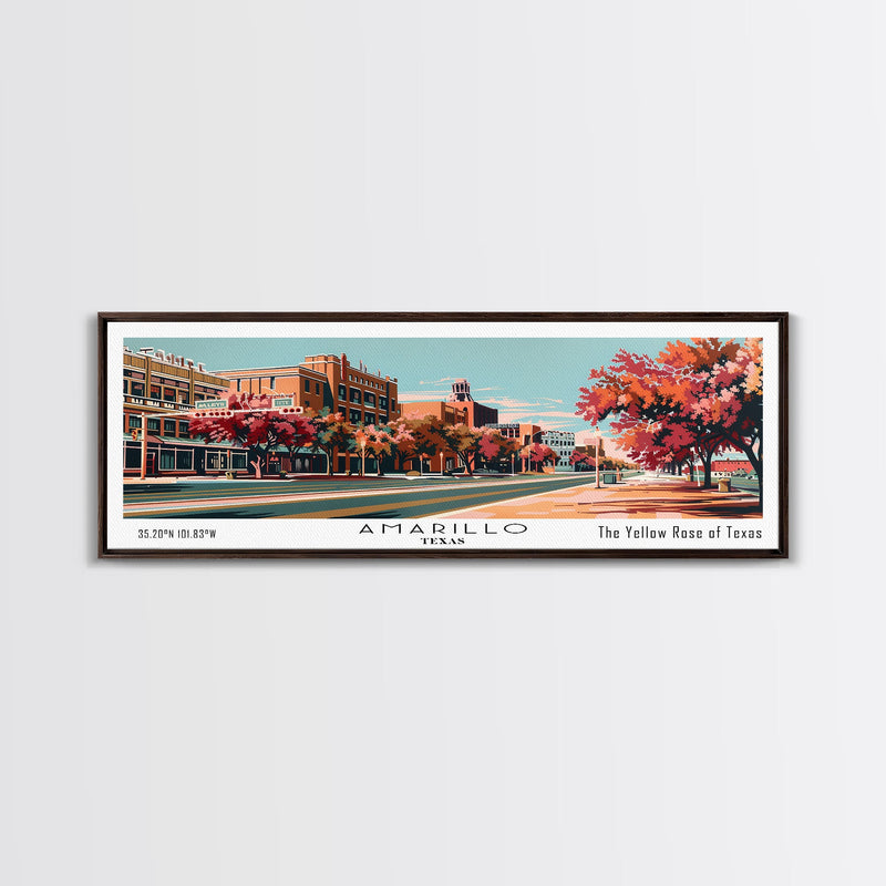 Amarillo Texas Panoramic Painting, Framed Canvas Print, Mid Century Modern Wall Art, Retro Pop Art Travel Poster, Home Decor, City Art