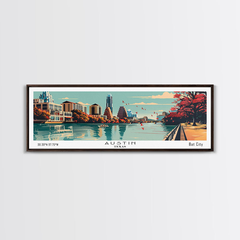 Austin Texas Panoramic Painting, Framed Canvas Print, Mid Century Modern Wall Art, Retro Pop Art Travel Poster, Home Decor, City Art