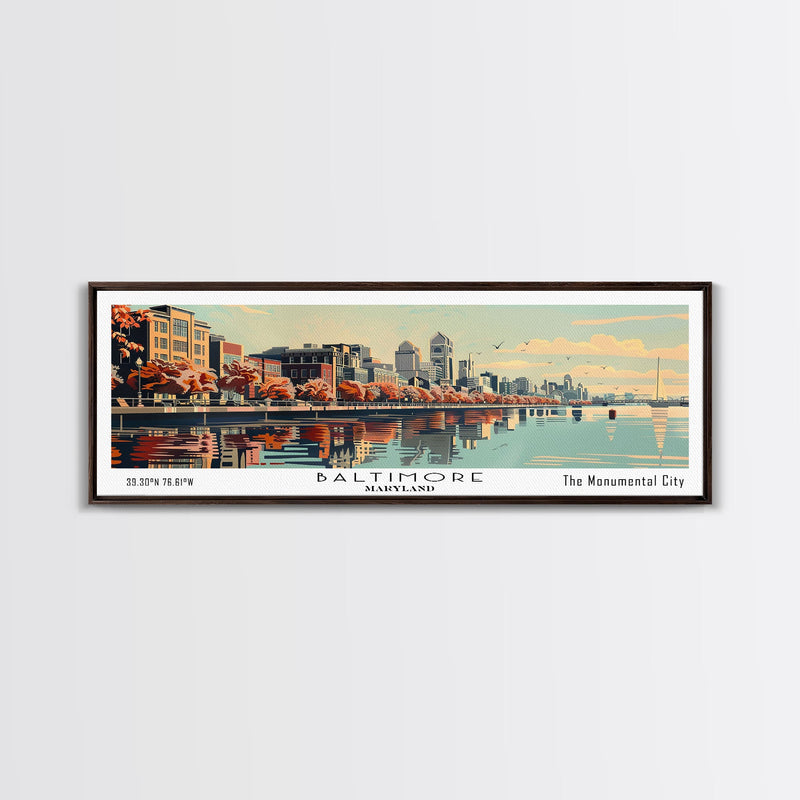 Baltimore Maryland Panoramic Painting, Framed Canvas Print, Mid Century Modern Wall Art, Retro Pop Art Travel Poster, Office Decor, City Art