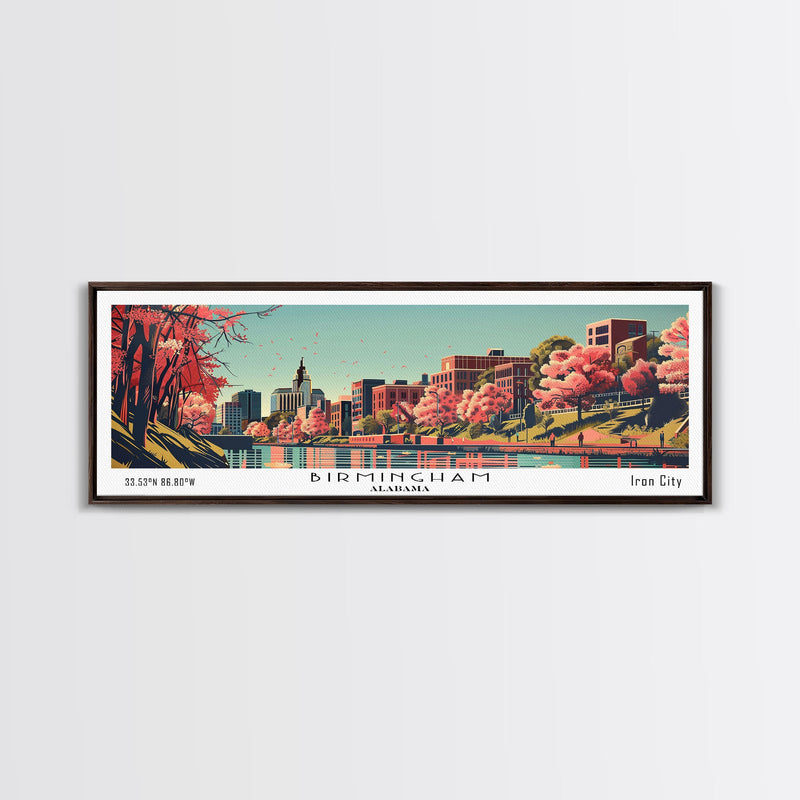 Birmingham Alabama Panoramic Painting, Framed Canvas Print, Mid Century Modern Wall Art, Retro Pop Art Travel Poster, Office Decor, City Art