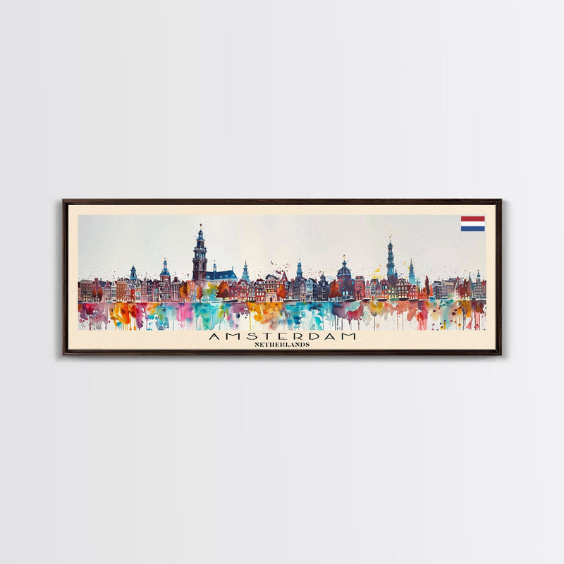 Amsterdam Netherlands Travel Art, City Art, Framed Canvas Print or Metal Wall Art, Europe Travel Poster, Panoramic Wall Art, Extra Wide Wall Art