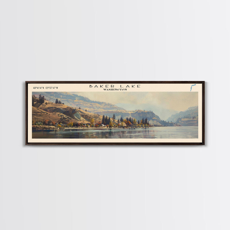 Baker Lake Washington Panoramic Framed Canvas Print, Lake House Art, Boho Decor, Travel Poster, Nature Wall Art, Serene Scene