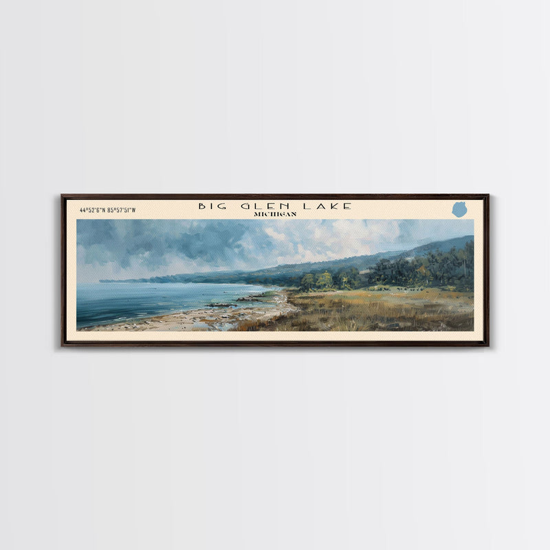 Big Glen Lake Michigan Framed Canvas Print, Lake House Decor, Panoramic Scenic View, Travel Poster, Rustic Art, Lake Painting