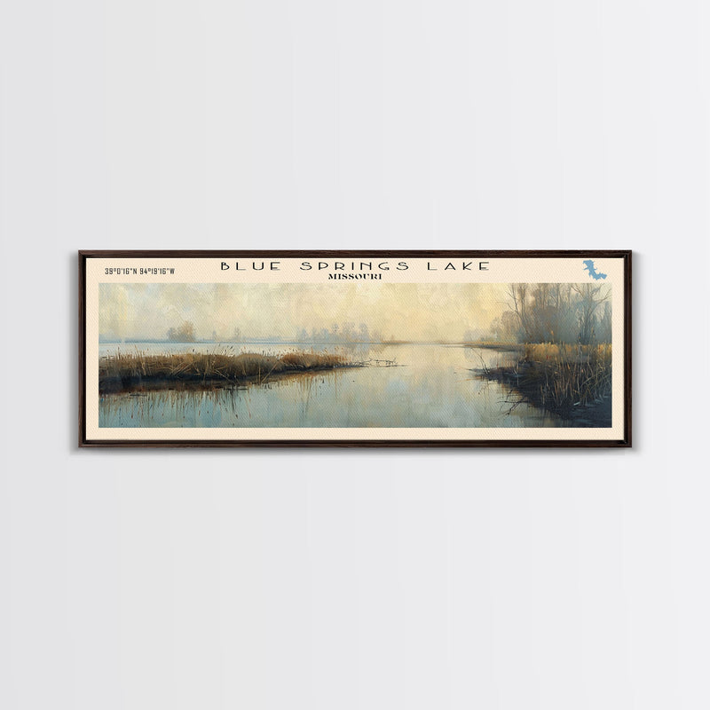 Blue Springs Lake Missouri Framed Canvas Print, Lake House Art, Panoramic Scenic View, Travel Poster, Minimalist Art, Lake Painting