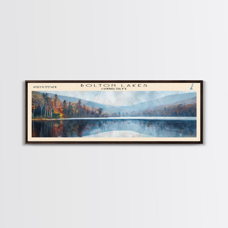 Bolton Lakes Connecticut Framed Canvas Print, Panoramic Lake House Art, Scenic View, Travel Poster, Modern Art, Lake Painting