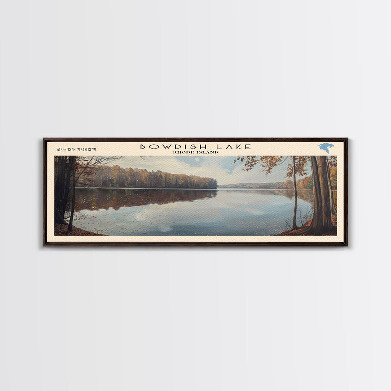 Bowdish Lake Rhode Island Framed Canvas Print, Lake House Art, Panoramic Travel Poster, Wall Art, Modern Lake Painting, Home Decor