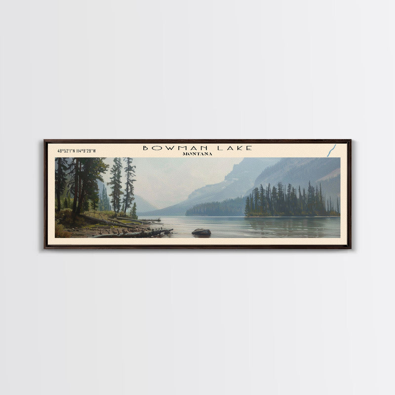 Bowman Lake Montana Framed Canvas Print, Panoramic Lake House Decor, Wall Art, Travel Poster, Rustic Lake Painting, Nature Art