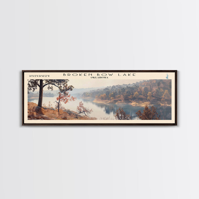 Broken Bow Lake Oklahoma Framed Canvas Print, Panoramic Lake House Art, Wall Art, Travel Poster, Modern Lake Painting, Nature Art