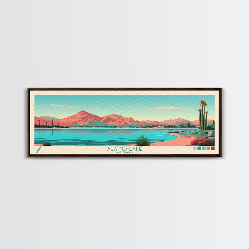 Alamo Lake Arizona Framed Canvas Print, Panoramic Travel Poster, Midcentury Modern Wall Art, Pop Art, Scenic Bedroom Art