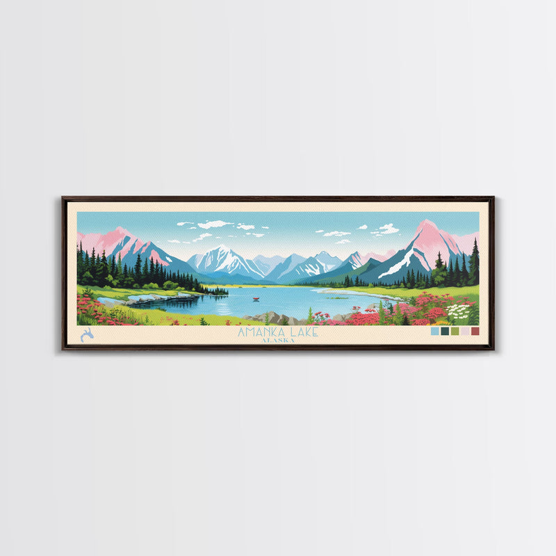 Amanka Lake Alaska Framed Canvas Print, Panoramic Wall Art, Midcentury Modern, Pop Art, Travel Poster, Living Room Art