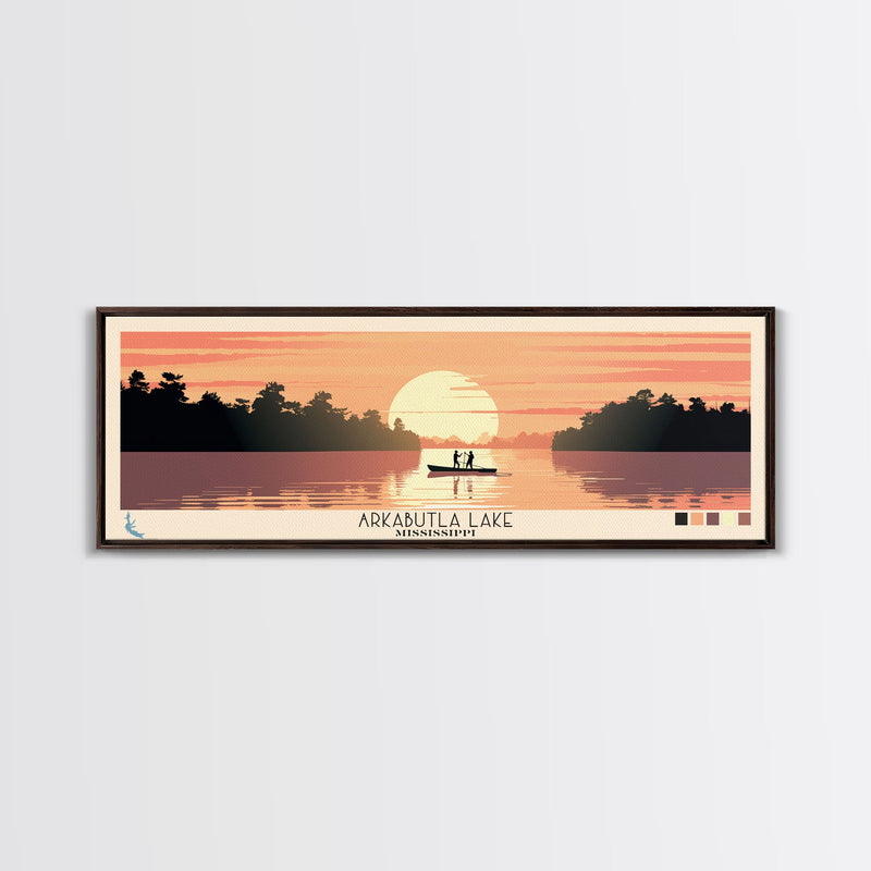 Arkabutla Lake Mississippi Framed Canvas Print, Panoramic Wall Art, Midcentury Modern, Pop Art, Travel Poster, Scenic Lake House Art