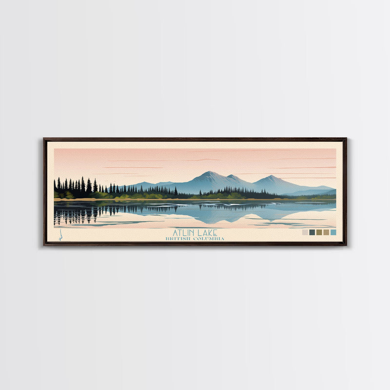 Atlin Lake British Columbia Framed Canvas Print, Panoramic Travel Poster, Midcentury Modern Wall Art, Pop Art, Bedroom Decor