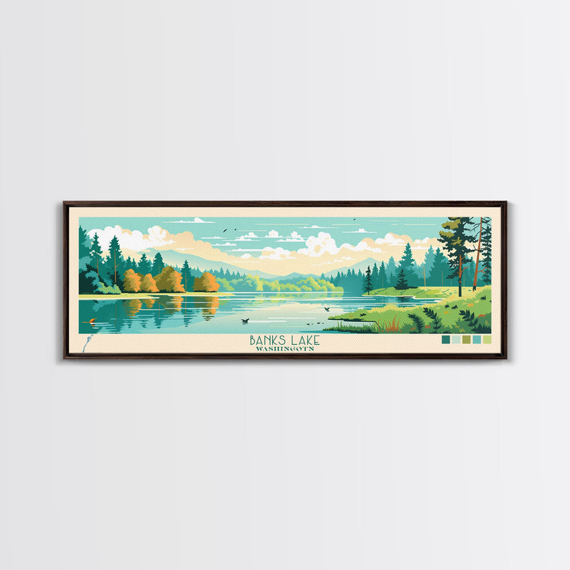 Banks Lake Washington Framed Canvas Print, Panoramic Wall Art, Midcentury Modern, Pop Art, Travel Poster, Scenic Lake House Art