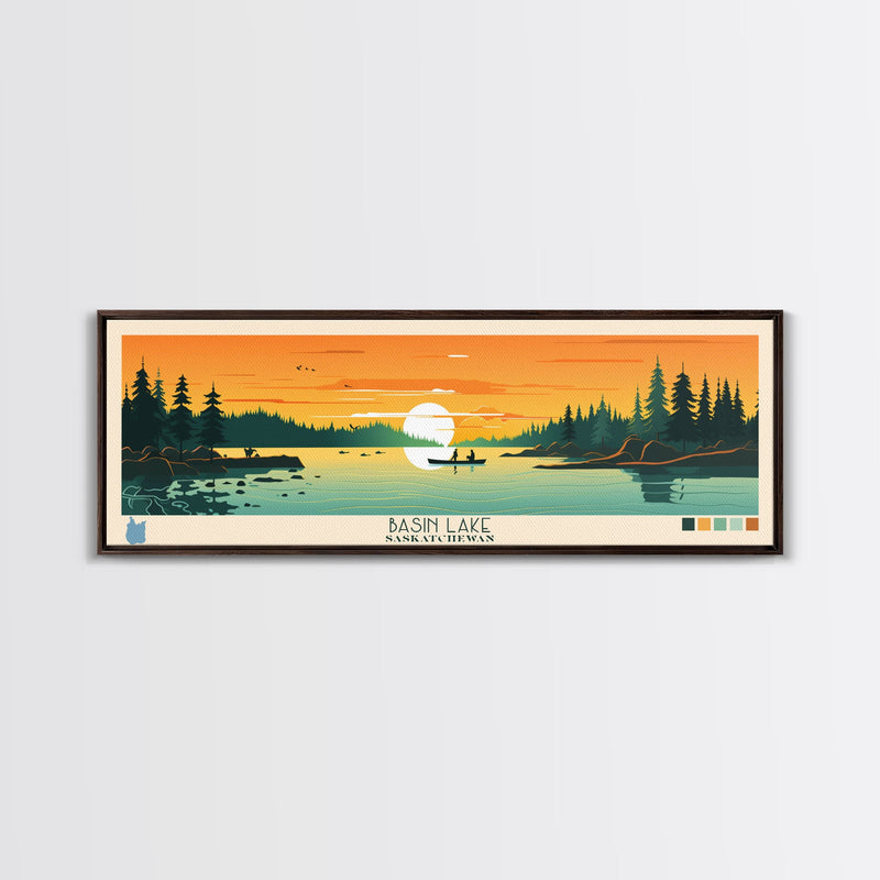 Basin Lake Saskatchewan Framed Canvas Print, Panoramic Wall Art, Midcentury Modern Lake House Decor, Pop Art, Travel Poster, Scenic Living Room Art