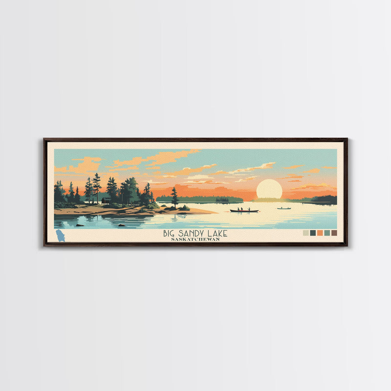 Big Sandy Lake Saskatchewan Framed Canvas Print, Panoramic Travel Poster, Midcentury Modern Wall Art, Pop Art, Lake House Decor, Nature Art