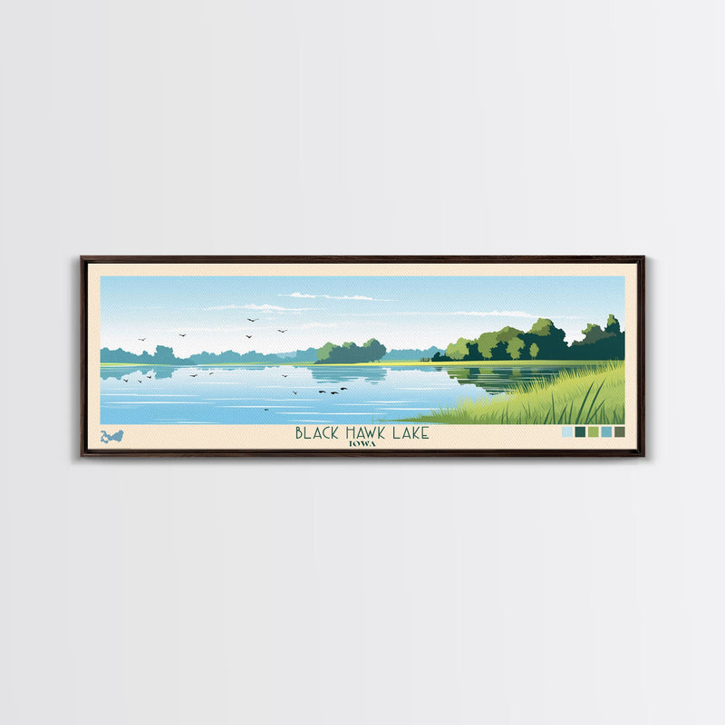 Black Hawk Lake Iowa Framed Canvas Print, Panoramic Travel Poster, Midcentury Modern Wall Art, Pop Art, Nature Bedroom Art, Scenic Lake House Decor