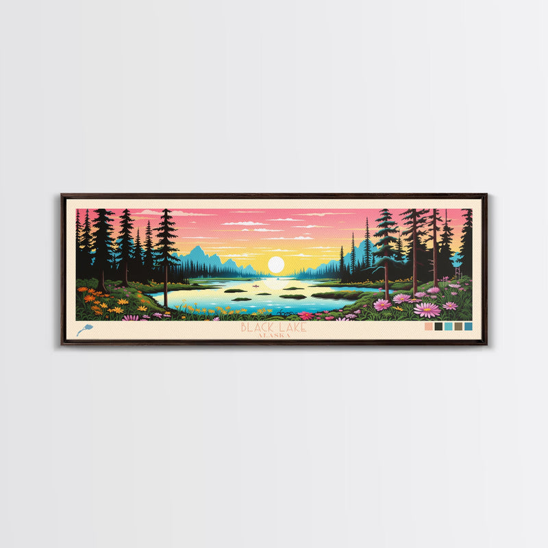 Black Lake Southwest Alaska Framed Canvas Print, Panoramic Travel Poster, Midcentury Modern Wall Art, Pop Art, Nature Bedroom Decor, Scenic Lake House Art