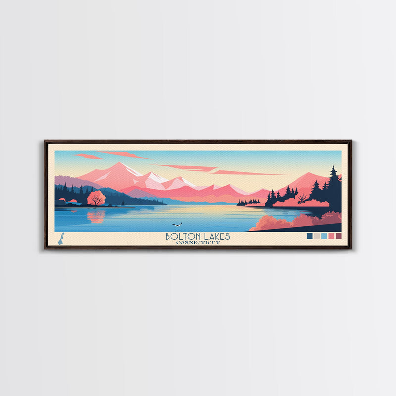 Bolton Lakes Connecticut Framed Canvas Print, Panoramic Wall Art, Midcentury Modern, Pop Art, Travel Poster, Scenic Living Room Art, Lake House Decor