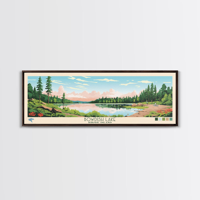 Bowdish Lake Rhode Island Framed Canvas Print, Panoramic Travel Poster, Midcentury Modern Wall Art, Pop Art, Nature Bedroom Decor, Scenic Lake House Art