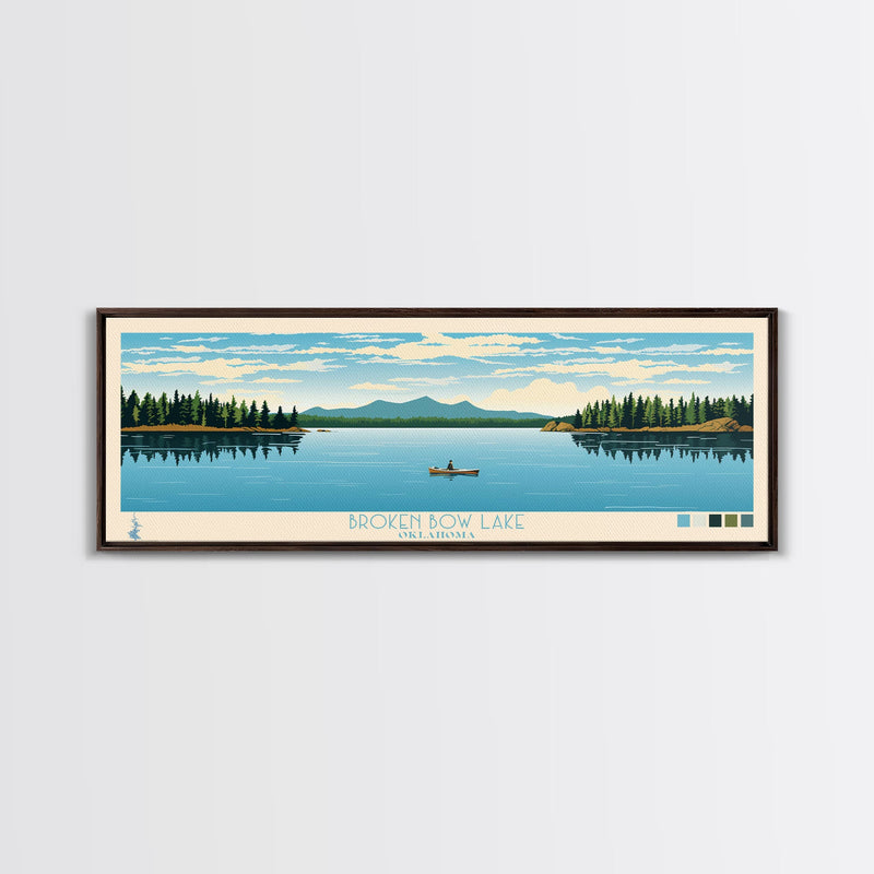 Broken Bow Lake Oklahoma Framed Canvas Print, Pop Art Panoramic Travel Poster, Midcentury Modern, Wall Art, Scenic Nature Painting, Bedroom Decor