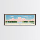Coralville Lake Iowa Framed Canvas Print, Midcentury Modern Panoramic Wall Art, Living Room Decor, Pop Art, Travel Poster Art, Scenic Nature Painting, Lake House Decor