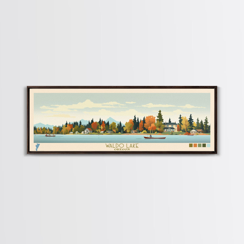 Waldo Lake, Oregon Framed Canvas Print, Panoramic Lake House Art, Midcentury Modern Decor, Pop Art, Travel Poster, Living Room Wall Art