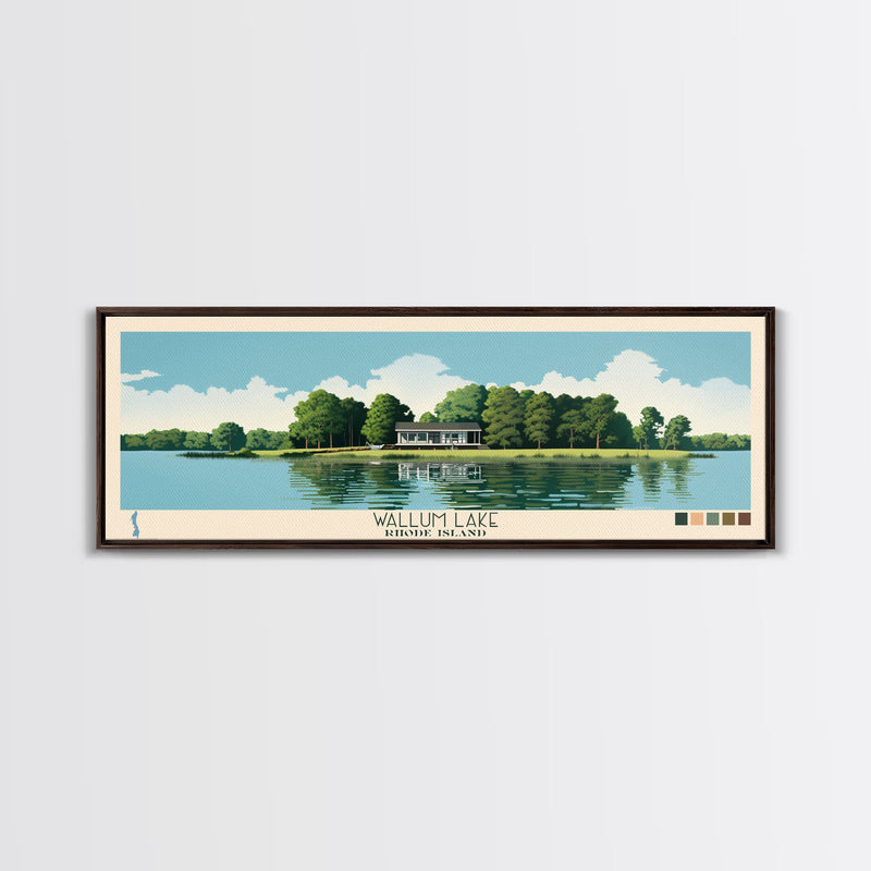 Wallum Lake, Rhode Island Framed Canvas Print, Panoramic Lake House Decor, Midcentury Modern Art, Pop Art, Travel Poster, Bedroom Wall Art