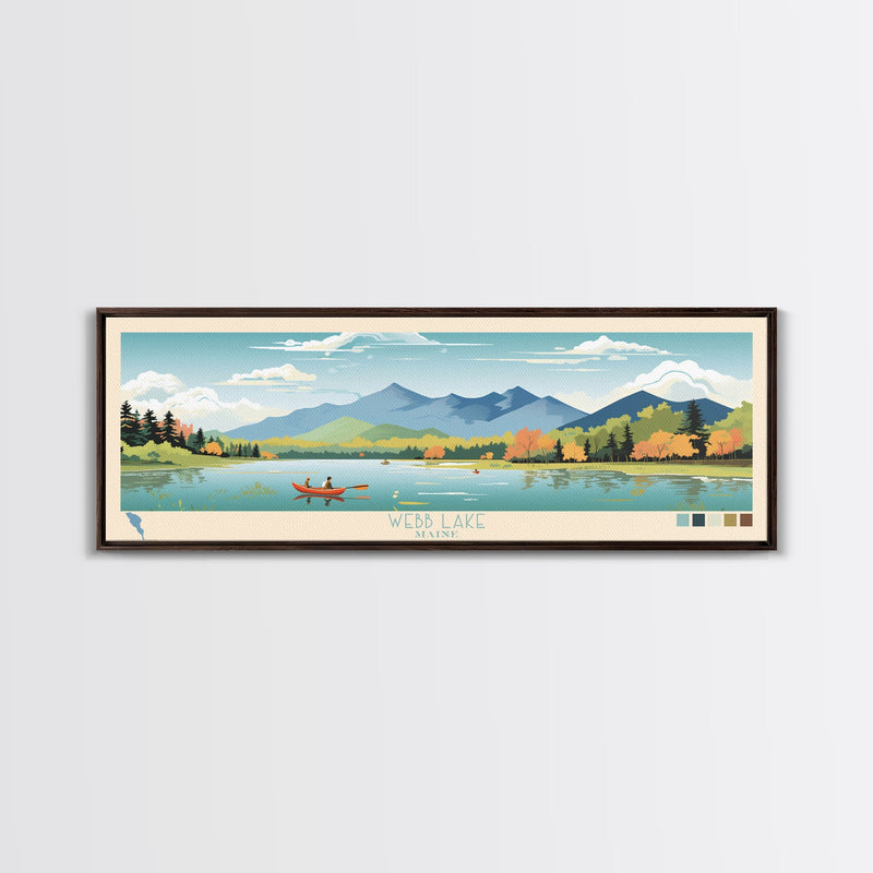 Webb Lake, Maine Framed Canvas Print, Midcentury Modern Lake House Decor, Panoramic Art, Pop Art, Travel Poster, Living Room Wall Art