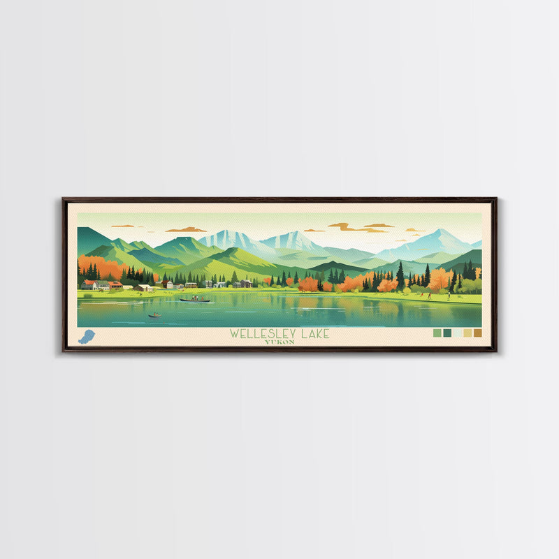 Wellesley Lake, Yukon Framed Canvas Print, Midcentury Modern Lake House Decor, Panoramic Art, Pop Art, Travel Poster, Living Room Wall Art