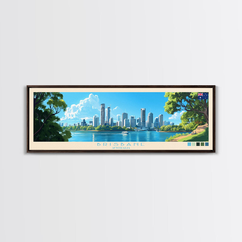 Brisbane, Australia Travel Poster Panoramic Canvas Print, Brisbane, Australia Painting, Australia Art, Brisbane Travel Art, Guest Room Painting