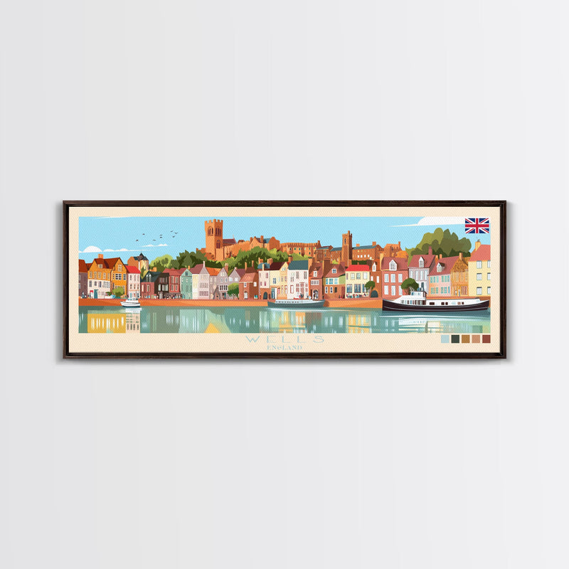 Wells, England Panoramic Travel Poster Canvas Print, Wells, England Painting, England Art, Wells Travel Art, Guest Room Painting