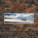 Tropical Shipwreck Island - Framed Canvas Print -Panoramic Beach Art - Blue sky and blue ocean art - nautical sailing decor