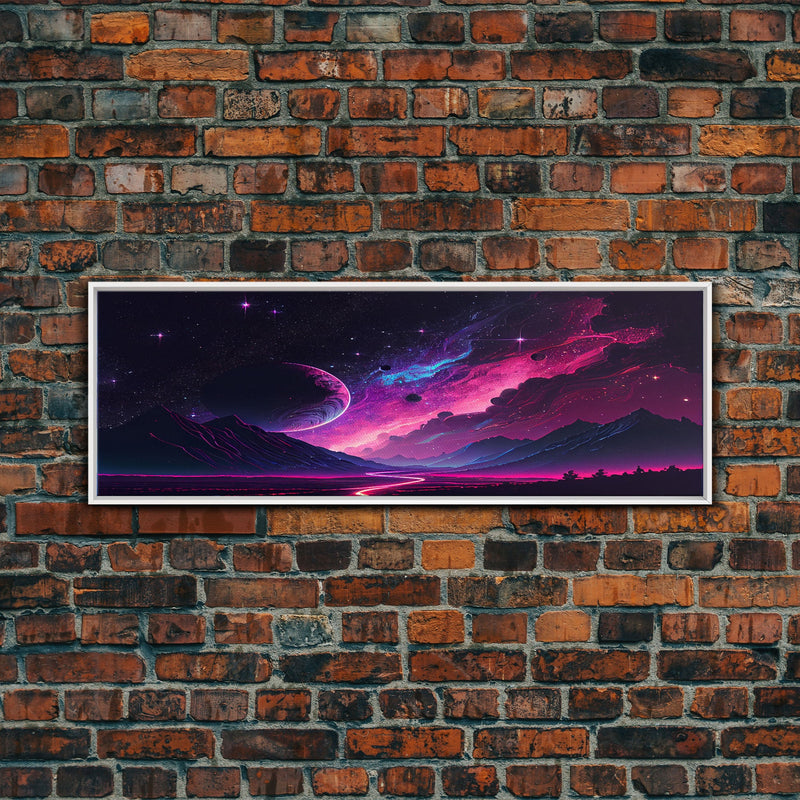 Beautiful Science Fiction Wall Art, Synthwave Style Scifi Art, Framed Canvas Print, Panoramic Alien Worlds and Star Filled Night Sky