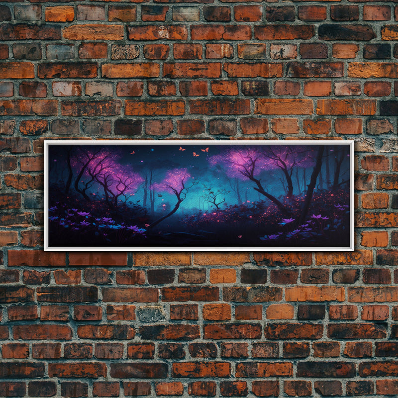 Beautiful Fantasy Forest, Framed Canvas Print, Fantasy Art, Butterflies and Fireflies Light up a Fairy Forest At Night, Framed Wall Art