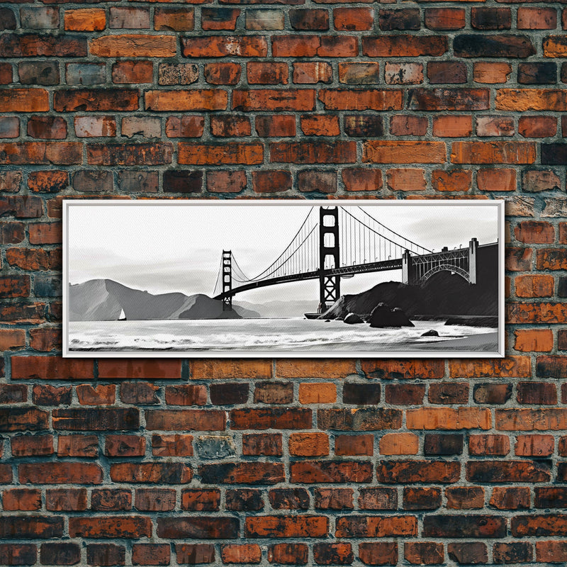 Black And White Suspension Bridge Canvas Print, Large Urban Art Print, Sailboat, River, Landscape, Panoramic, Wall Art, Canvas Print