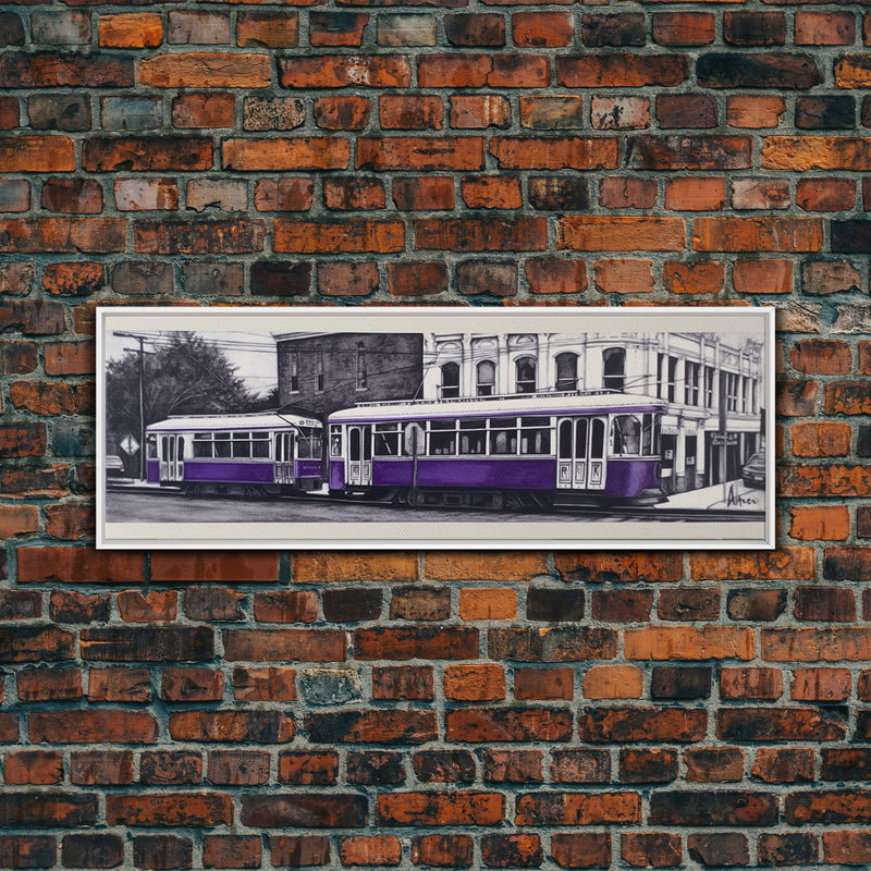 Purple Streetcar Art Print, Urban Art, Wall Decor, Color Pop, Wall Decor, Urban Framed Canvas Print, Panoramic, Wall Art, Canvas Print