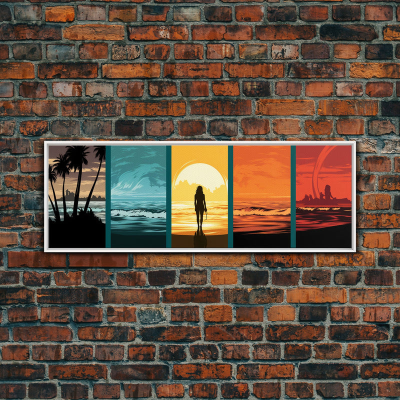 Warhol Inspired Pop Art Print, 6 Phases Of The Ocean Wave, Sunset To Sunrise, Beach Decor, Panoramic Pop Art Painting Framed Canvas Print